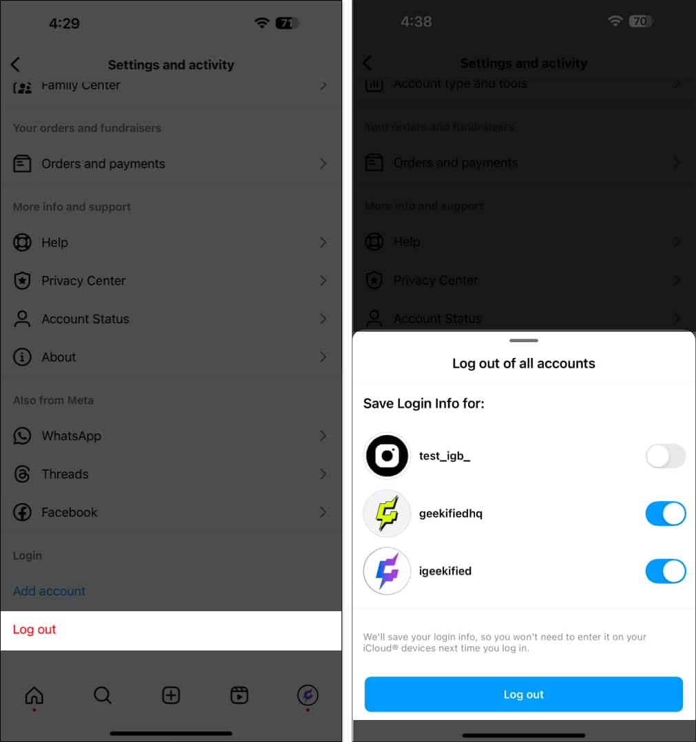 Logga ut från tillagda Instagram-konton på iOS-appen