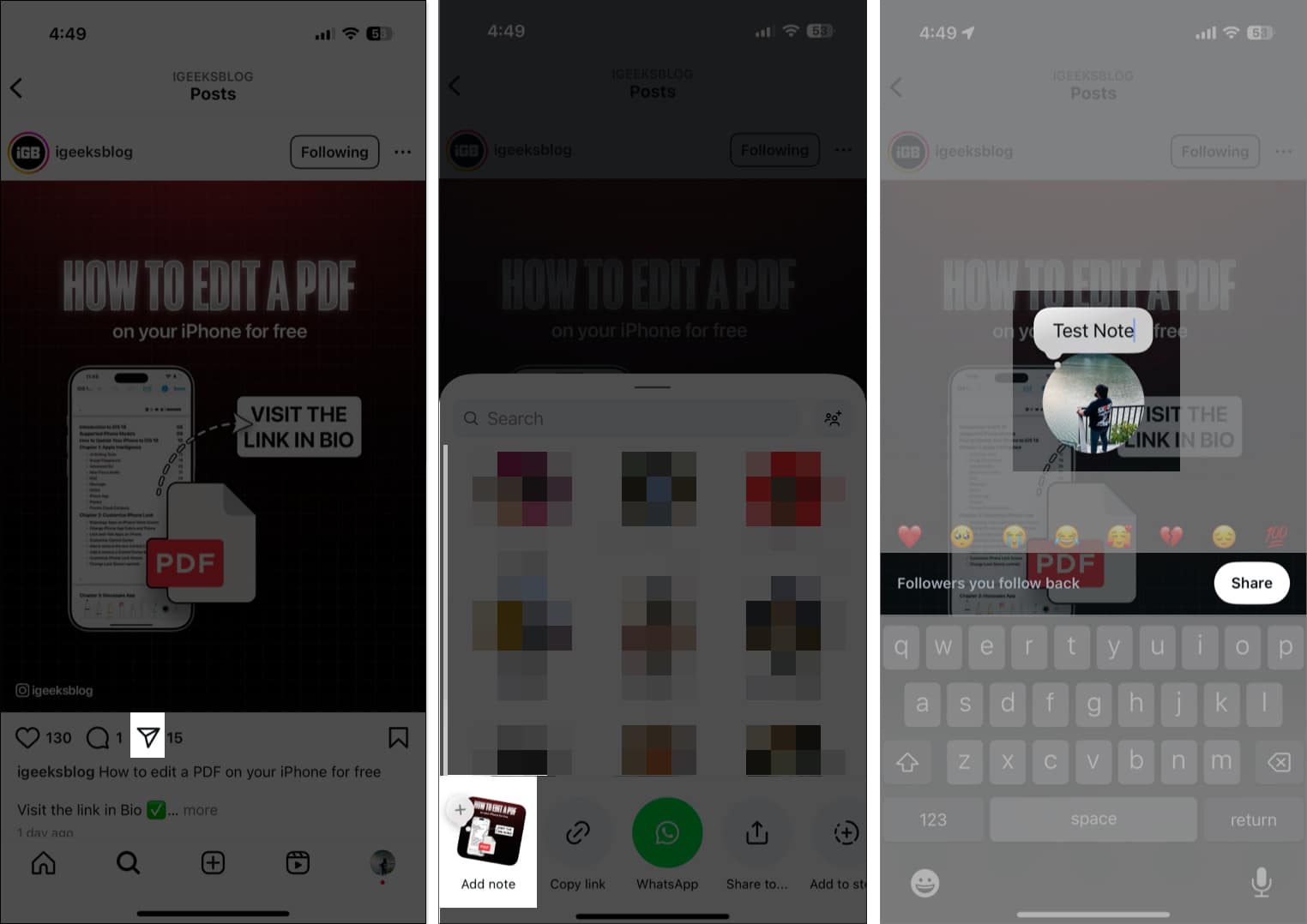 Tap on Share icon on Instagram post and select Add note option from the Share Sheet