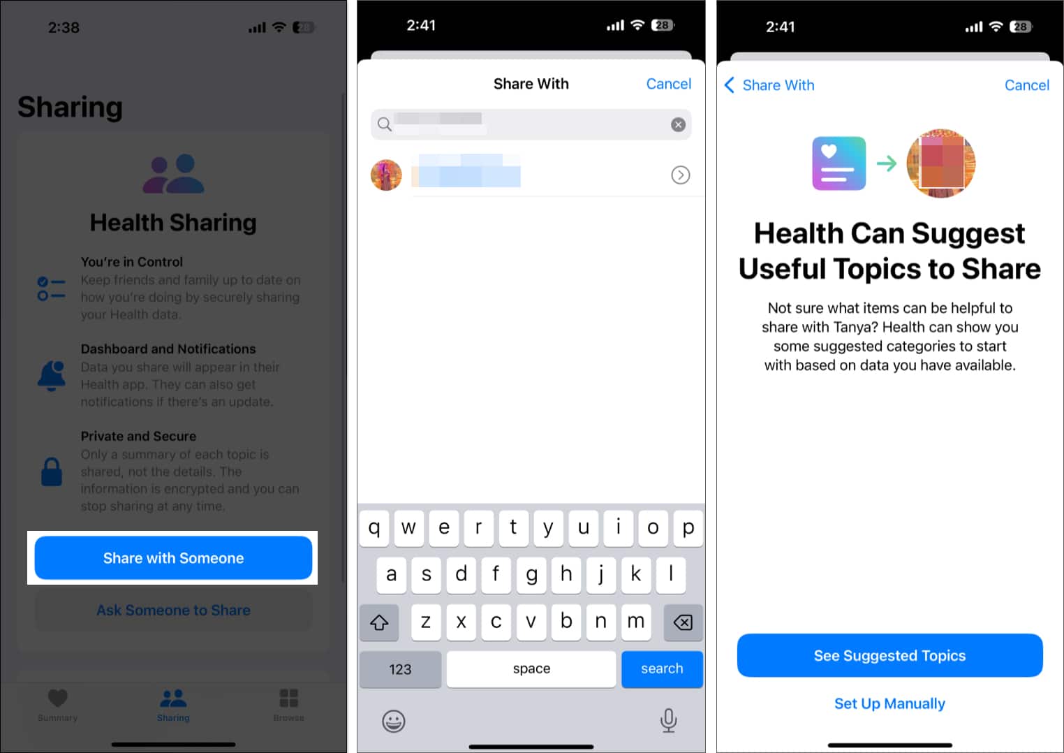 Setting up health data sharing in the Health app on an iPhone