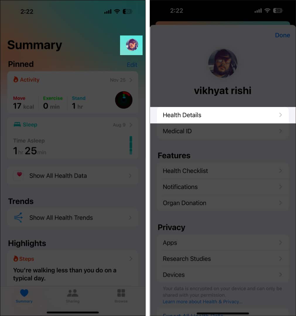 Accessing Health Details in the Health app on an iPhone