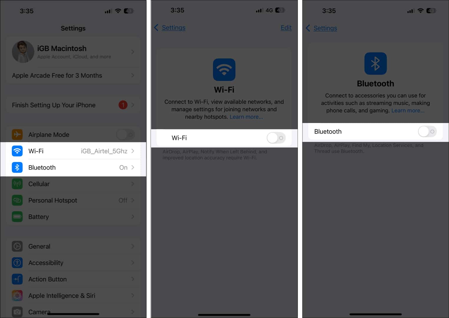 Toggle off Wifi and Bluetooth from iPhone settings