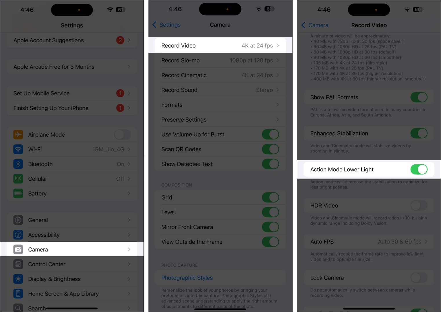 Toggling on the Action Mode Lower Light option from the iPhone Camera settings page