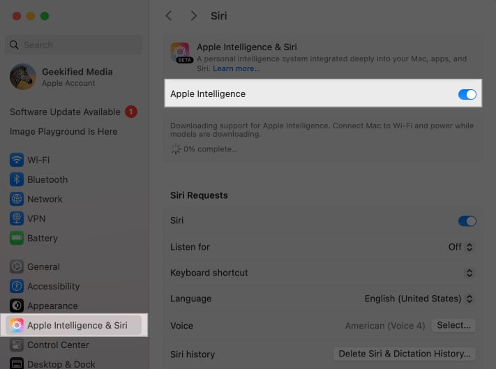 Mac-da Sistem Parametrlərindən Apple Intelligence-ə keçid