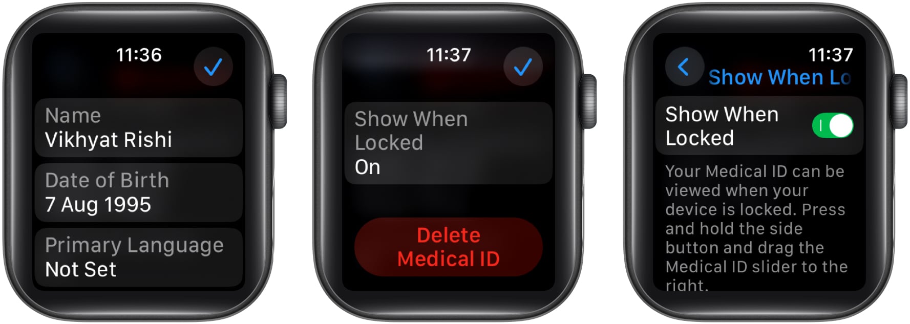 Slå på Visa när låst när du har angett dina uppgifter i Apple Watch Health-inställningar