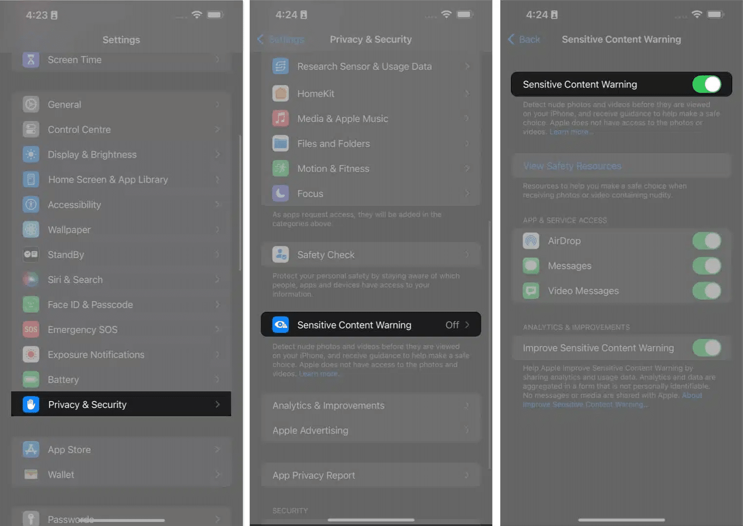 Toggling on Sensitive Content Warning from Privacy and Security settings on iPhone