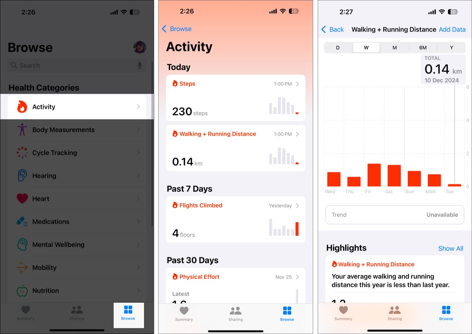 Track your activity by selecting Activity option from Browse tab in Health App