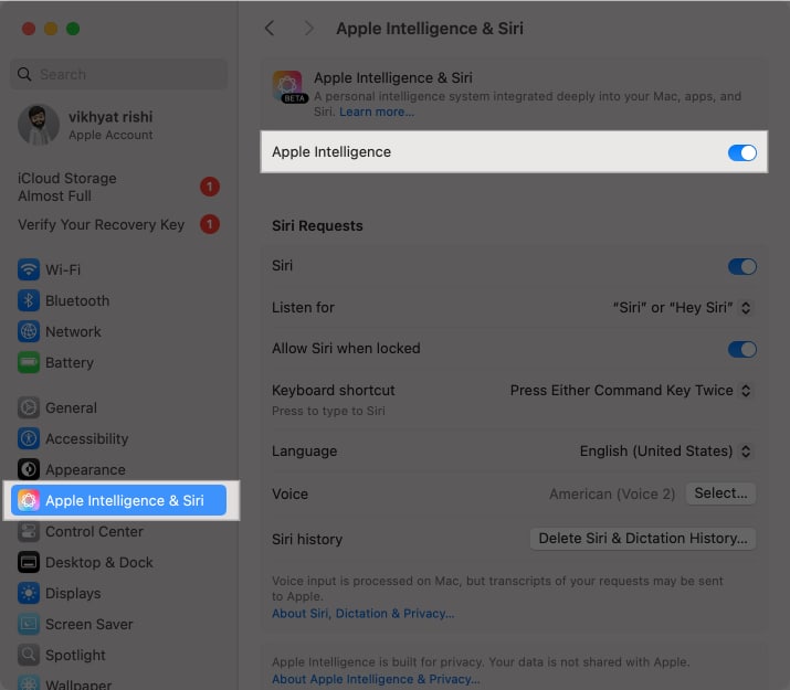 Az Apple Intelligence kikapcsolása a macOS Rendszerbeállítások alkalmazásban