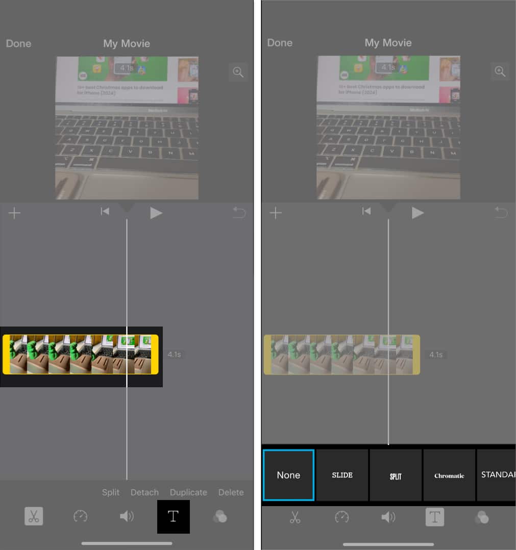 Accessing editing tools in iMovie app on iPhone