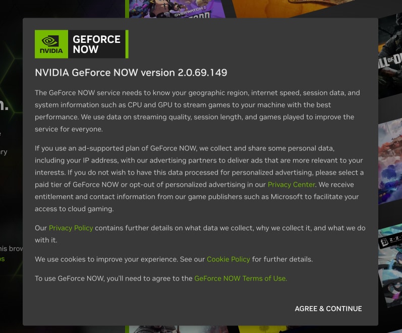 A GeForce Now általános szerződési feltételei.