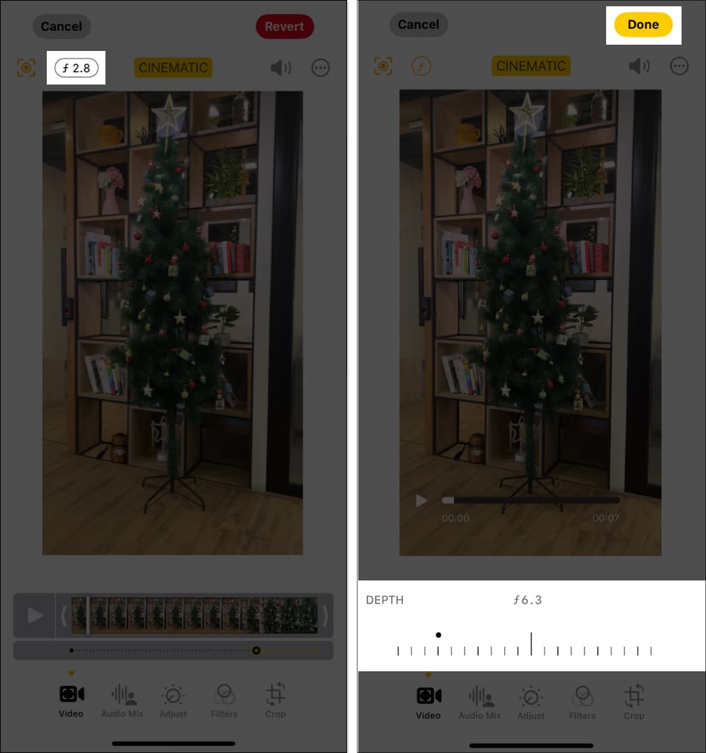 Changing depth of field intensity of cinematic video in Photos app on iPhone