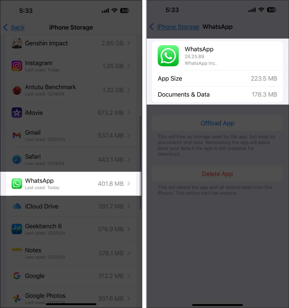 Kontrola úložiště Whatsapp z aplikace nastavení iPhone