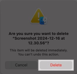 Click Delete in the confirmation prompt on Mac