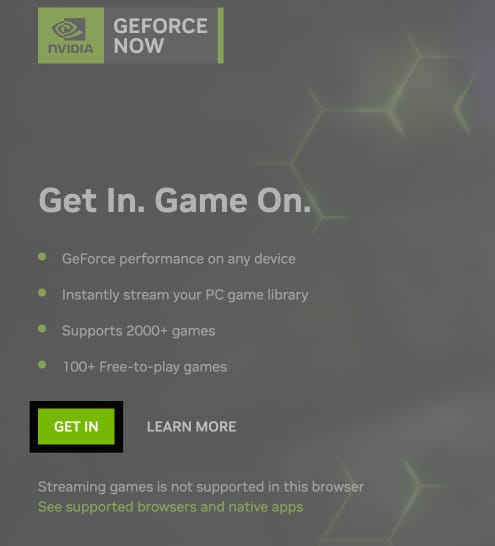 Belépés gomb, amellyel bejelentkezhet a GeForce Now rendszerbe