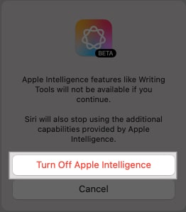 Az Apple Intelligence kikapcsolásának megerősítése Mac számítógépen