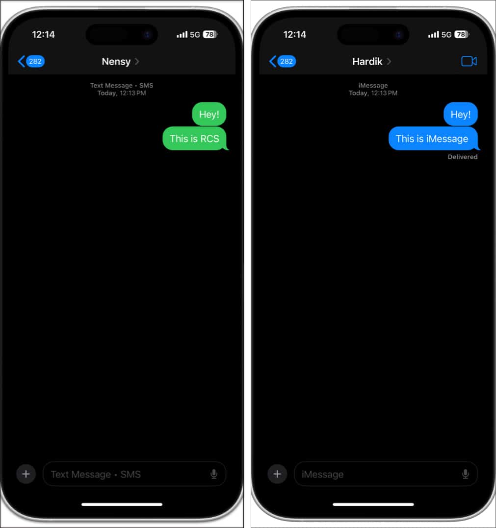 Green and blue message bubble in the Messages app on an iPhone