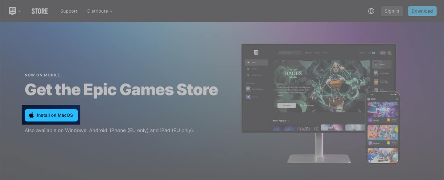 Telepítés macOS rendszeren gomb az Epic Games indítójának Mac számítógépre történő telepítéséhez