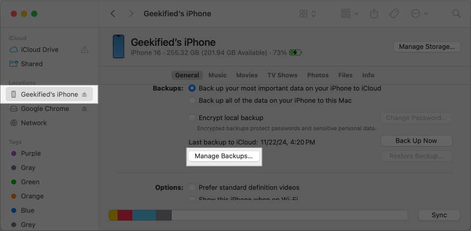 Managing iPhone backup from Mac