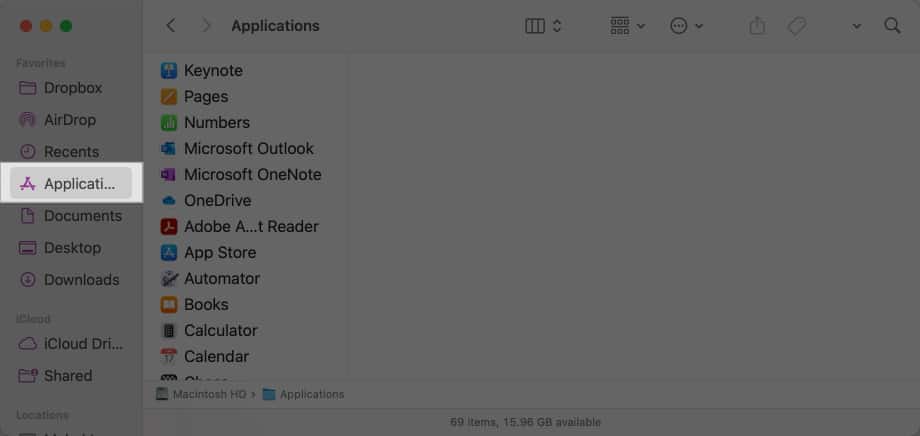 Select Applications from left pane of Finder