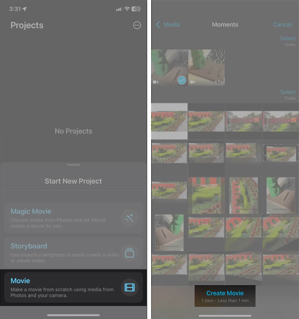 Select Create Movie in iMovie app on iPhone
