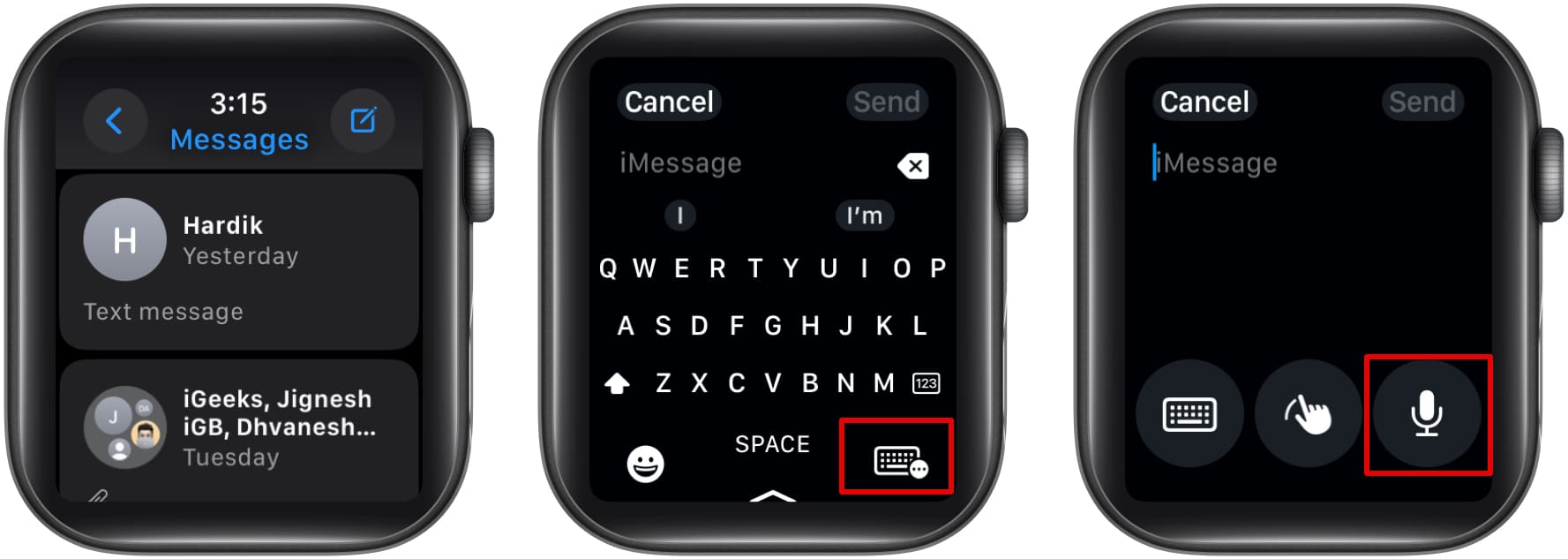 Växla till dikteringsläget i Meddelanden-appen på en Apple Watch