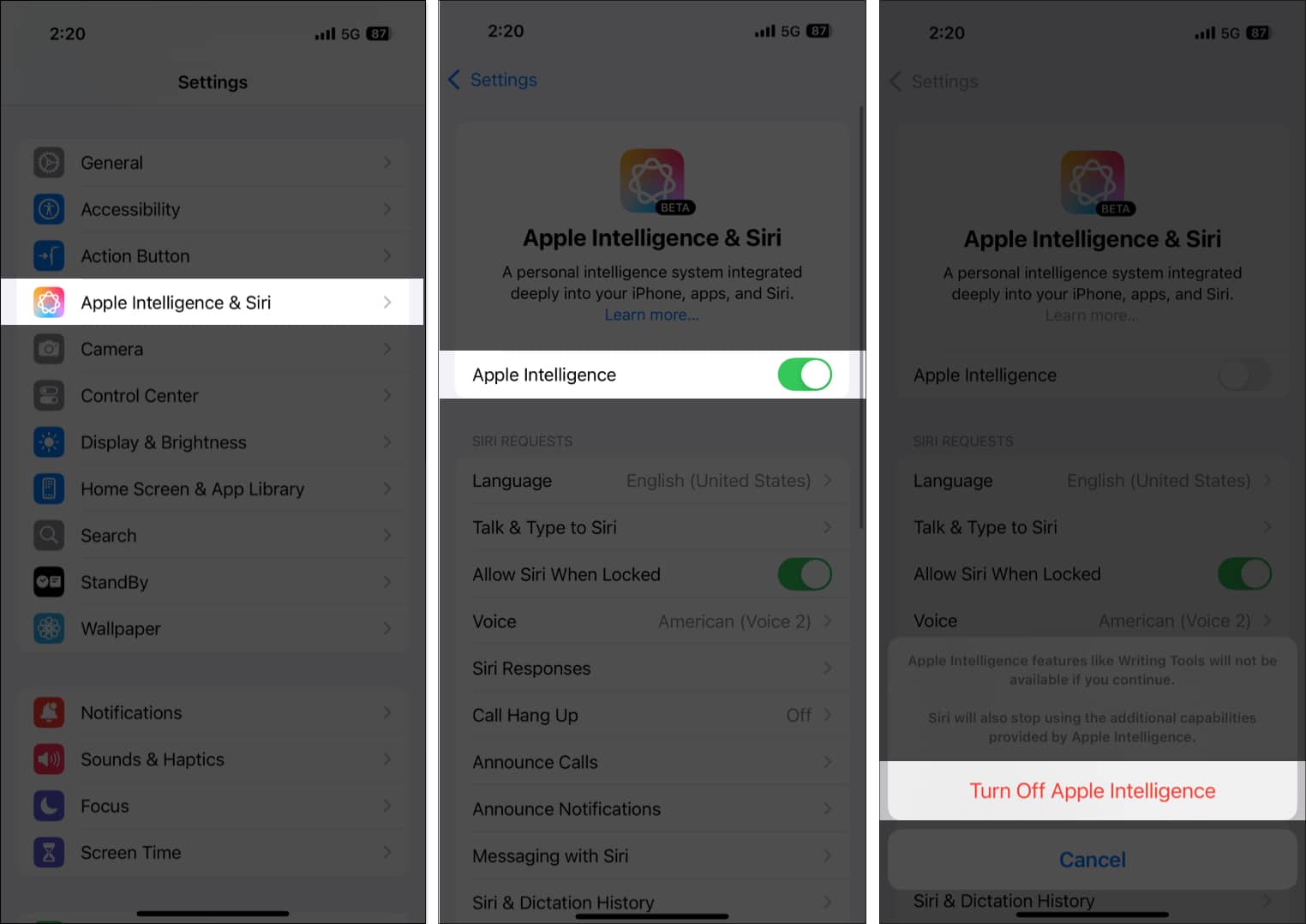 Stänga av Apple Intelligence i appen iPhone Settings