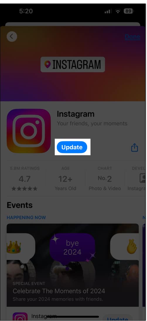 Uppdatera Instagram-appen från App Store på iPhone