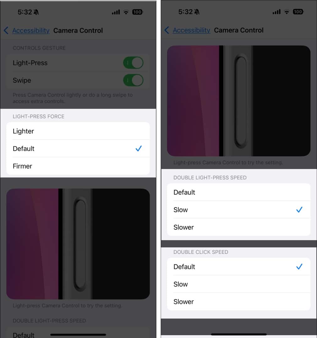 Setting sensitivity and speed for Camera Control gestures on an iPhone