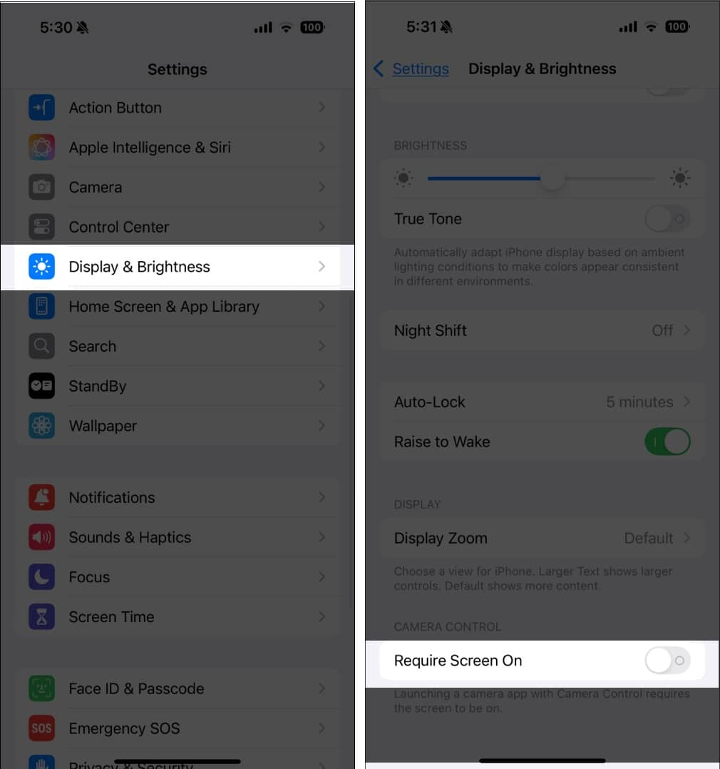 Turning off the Require Screen On option under Display Brightness settings on an iPhone