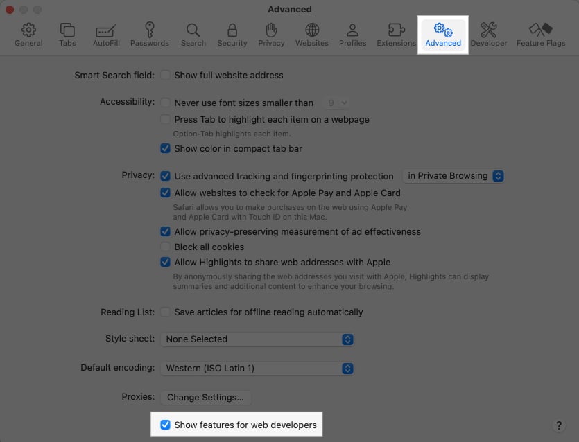 Fliken Avancerat i Safari-inställningarna på en Mac
