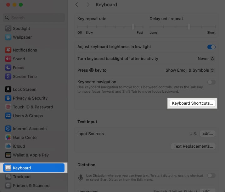 Accessing Keyboard on macOS System settings and click on Keyboard shortcuts button