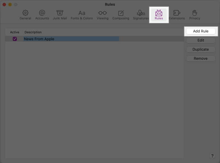 Πρόσβαση στην καρτέλα Κανόνες στις ρυθμίσεις της εφαρμογής Mail στο Mac