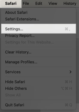 Accessing Safari settings from menu bar on Mac