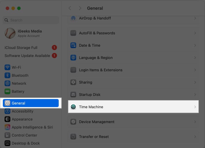 Accessing Time Machine under General settings in the macOS System Settings app