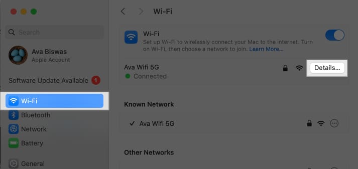 Accessing WiFi settings and click on Details button