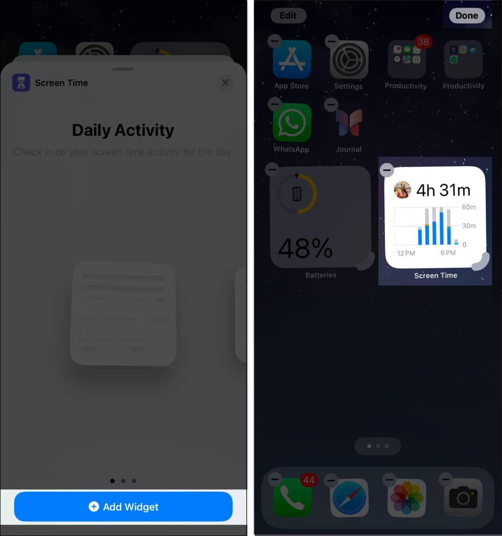 Adding Screen Time widget on iPhone home screen