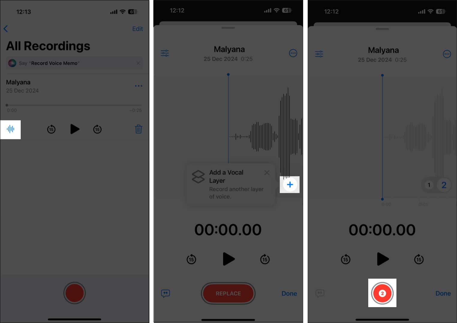 Lägger till röstlager till en inspelning i Voice Memos-appen på iPhone