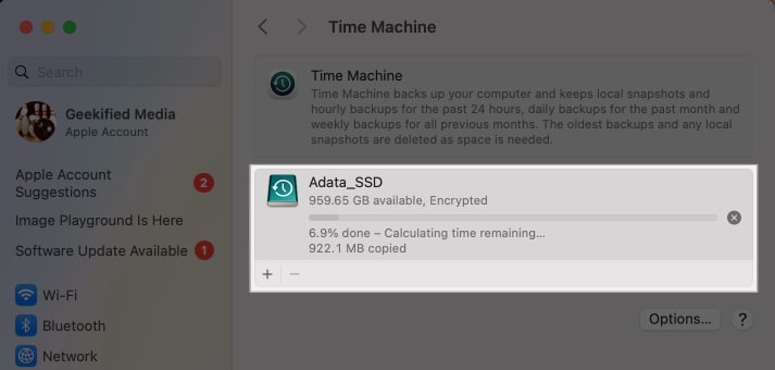 Time Machine backup progress in System Settings