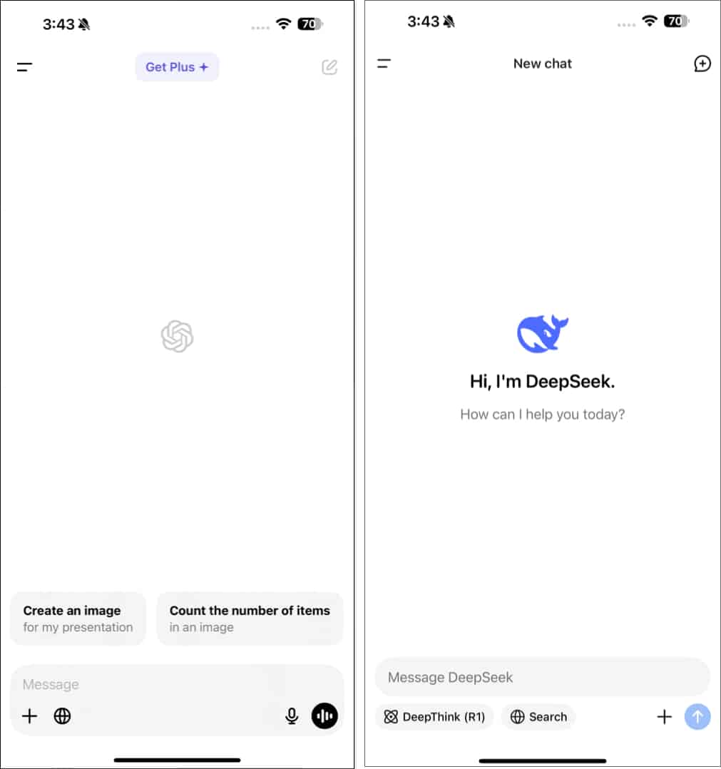 Chatgpt och Deepseek Apps användargränssnitt på en iPhone.