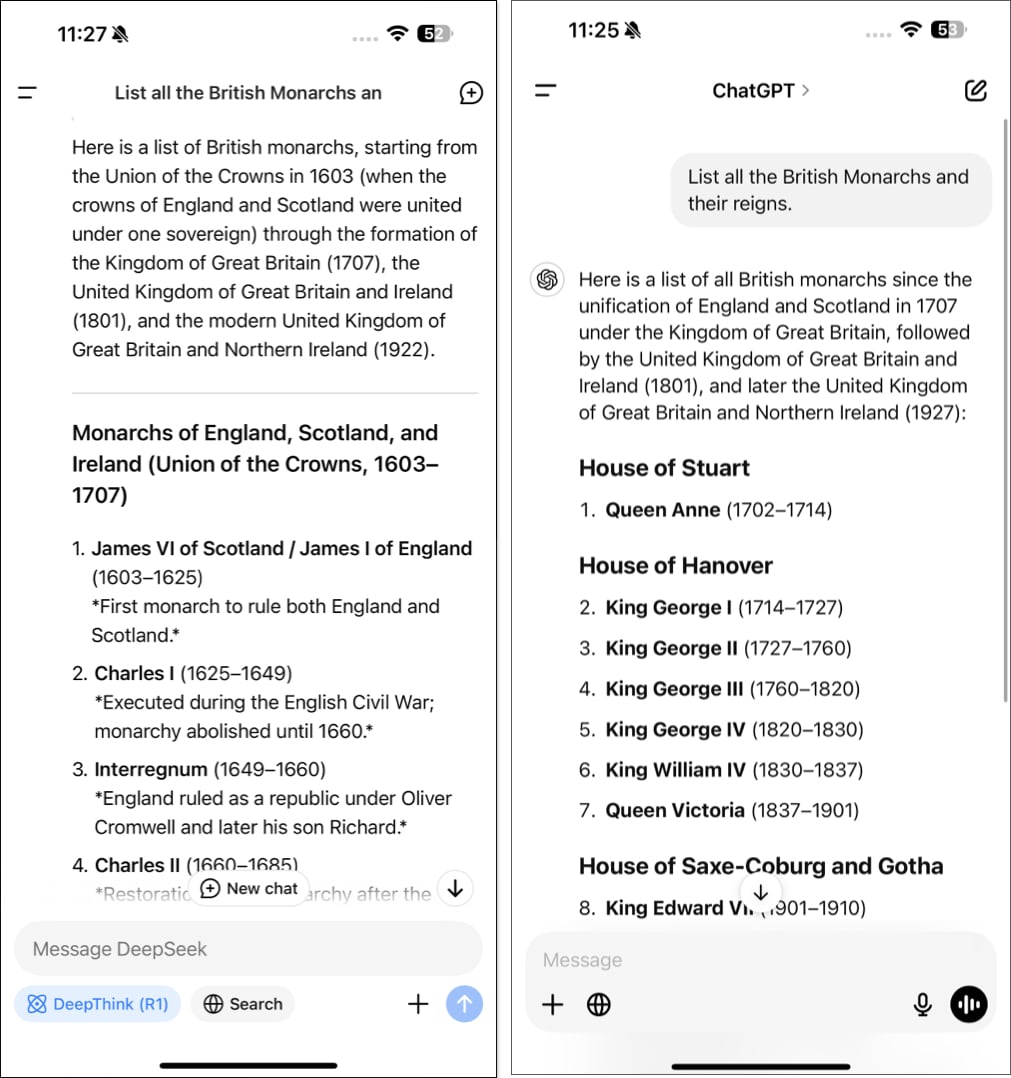 Checking accuracy of DeepSeek and ChatGPT apps on an iPhone