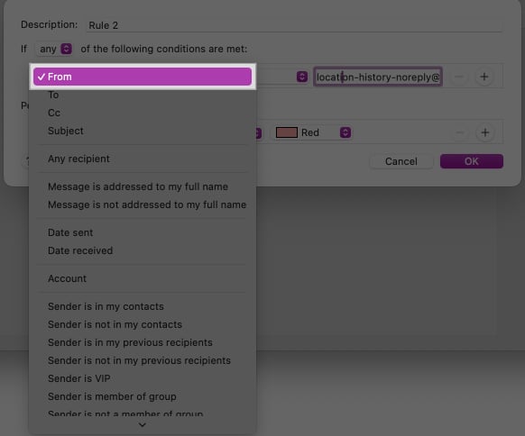 Välj alternativet Från för att ställa in villkor i Mail-appen