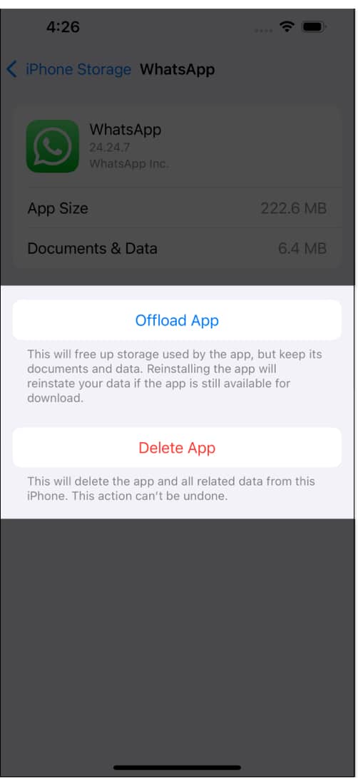 Ladda ner appen och knappen Ta bort app på en app under iPhone Storage i Inställningar