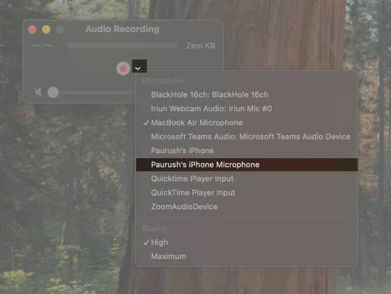 Choosing iPhone's microphone from the drop down menu on Mac.