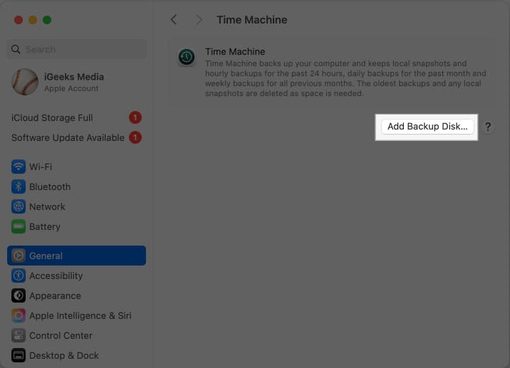 Add Backup Disk button under Time Machine settings