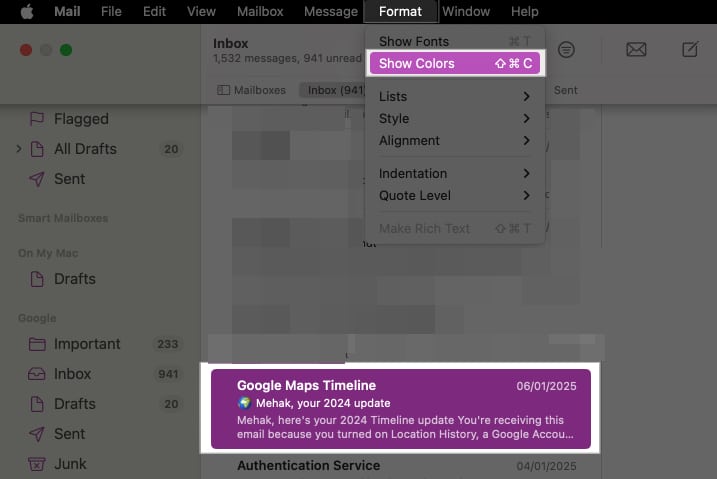 Klikněte na formát v aplikaci Mail a z rozbalovací nabídky vyberte možnost Zobrazit barvy