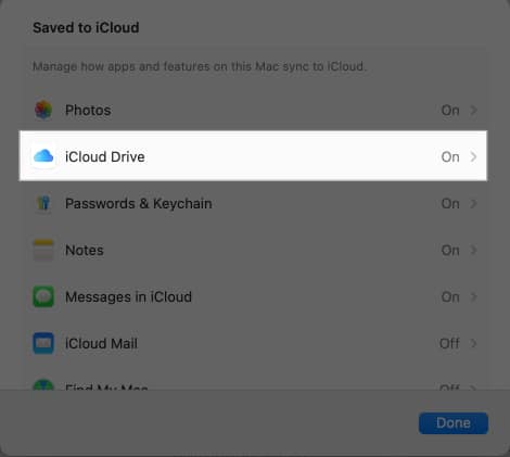 Clicking the iCloud Drive option to see what it contains.