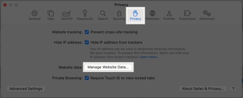 Click on Manage Website Data button in Privacy tab on Safari settings