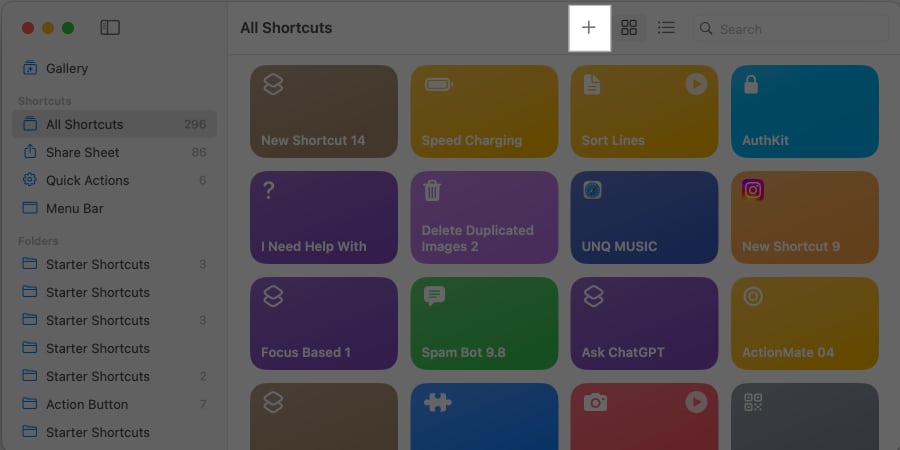 Klicka på plusikonen i appen Genvägar på Mac
