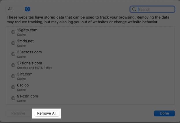 Click on Remove all button to clear browser cache