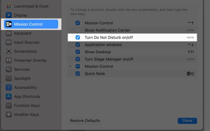 Click on the checkbox for Turn Do Not Disturb OnOff in Mission Control tab