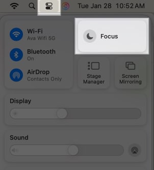 Click on Focus after accessing Control Center on Mac